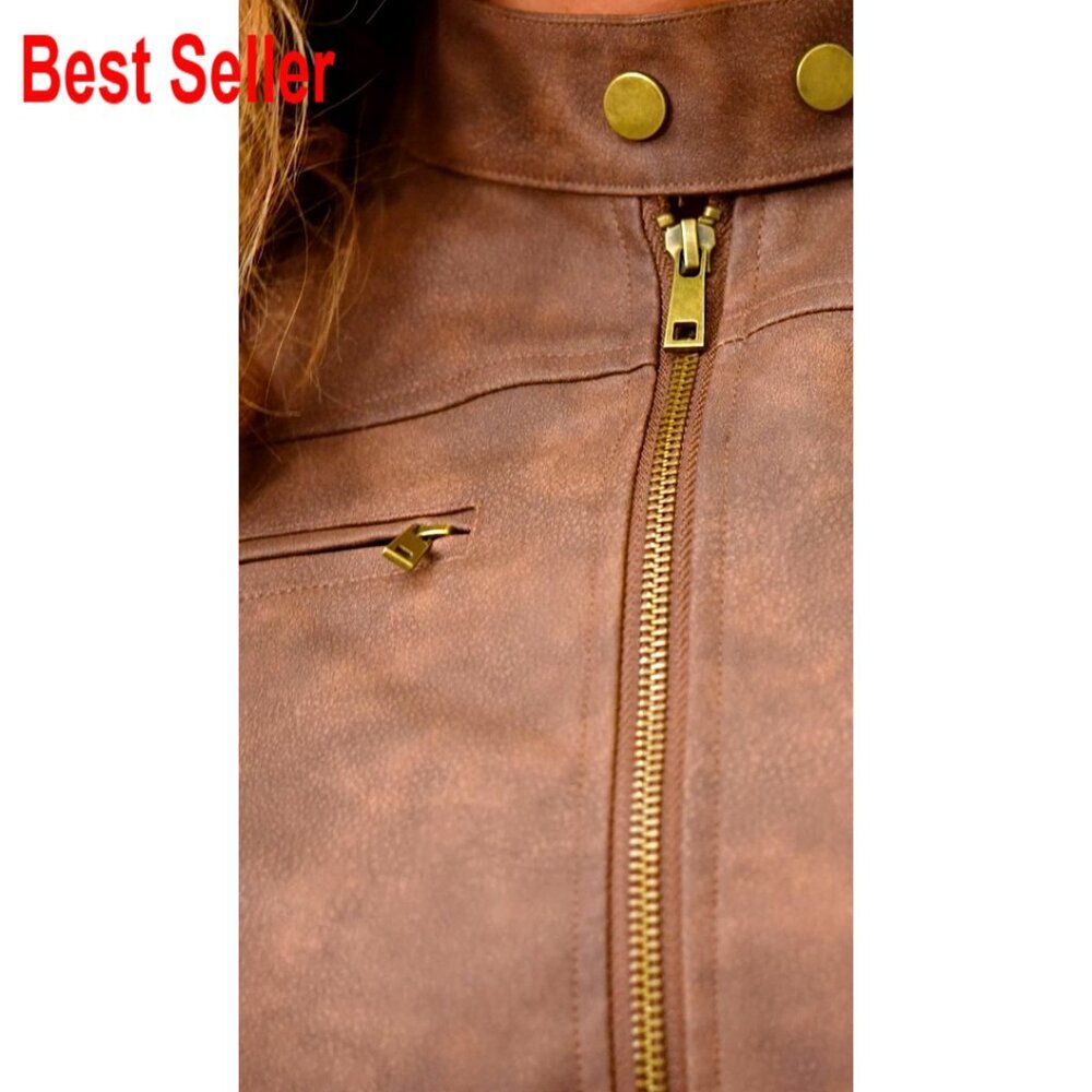 Faux Leather Cropped Motorcycle Jacket Zip Up Stand Collar Vintage Style - Picture 7 of 7